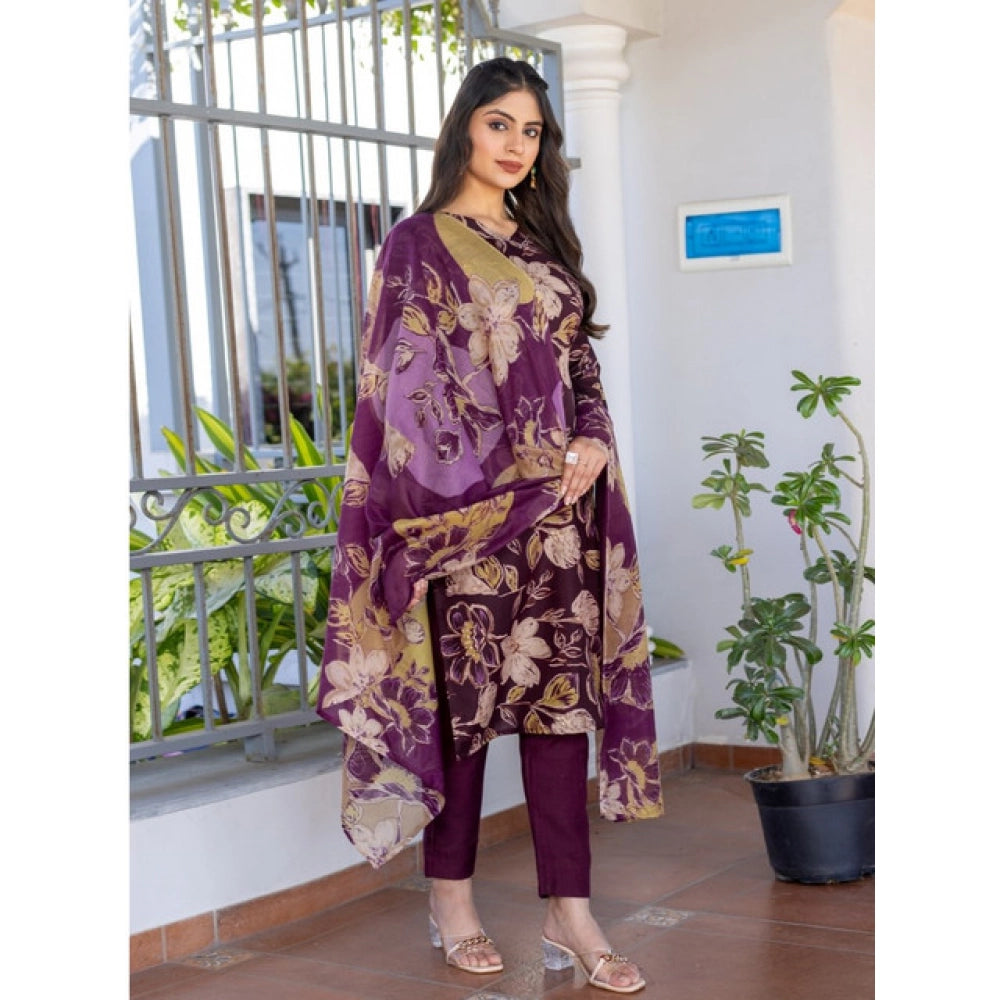 Vaystra Cotton Blend Printed Kurti With Pant Dupatta Set – Purple