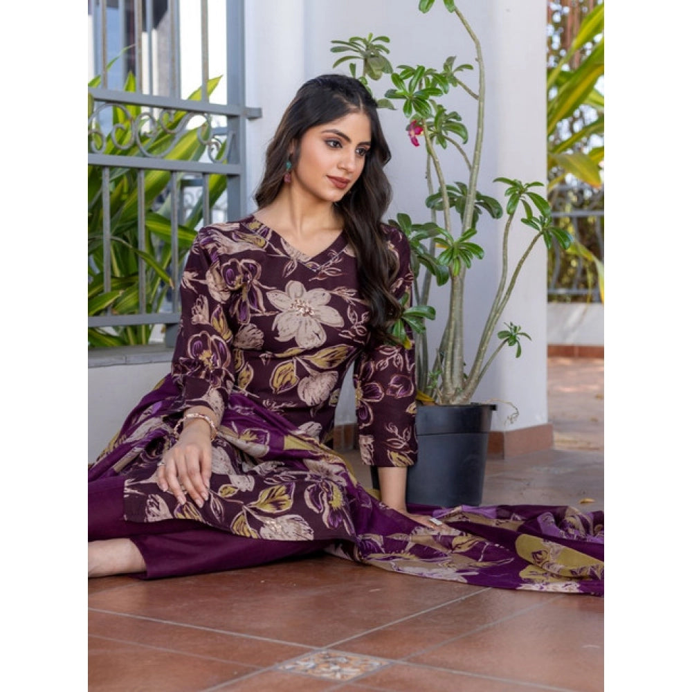Vaystra Cotton Blend Printed Kurti With Pant Dupatta Set – Purple