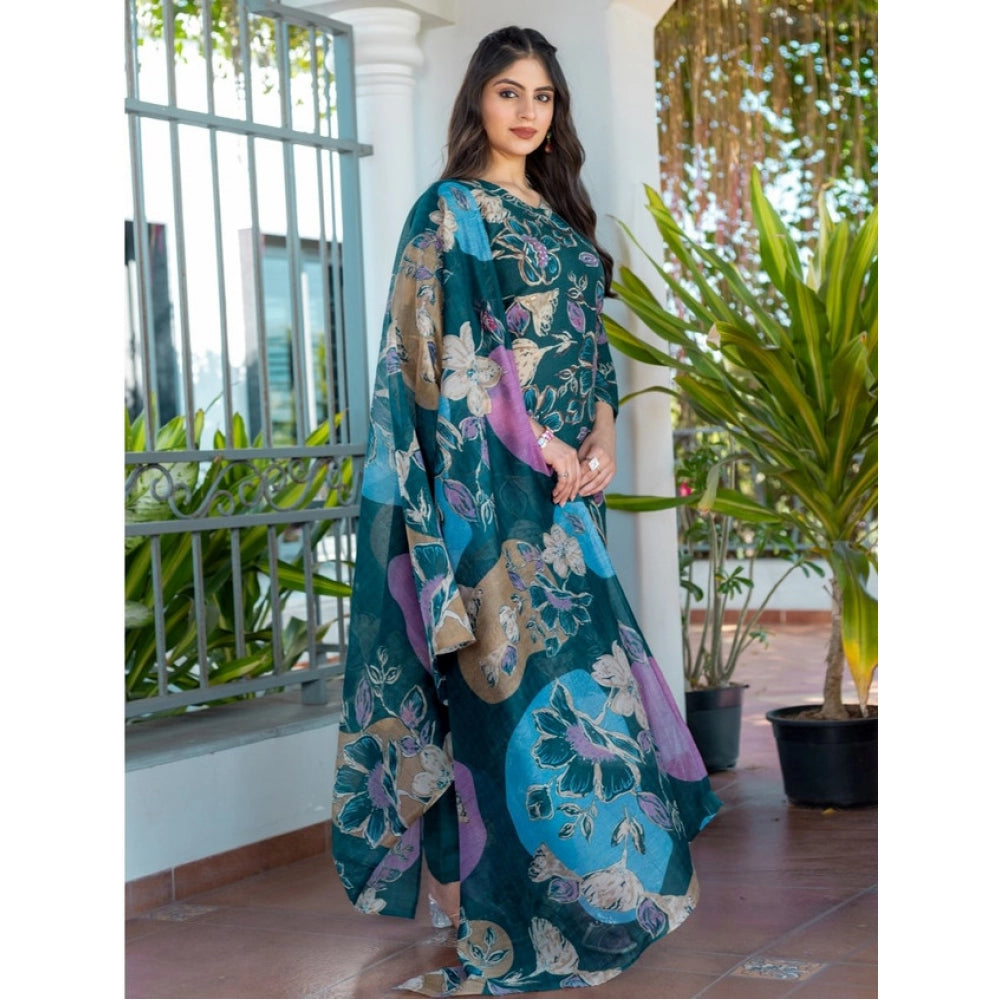 Vaystra Cotton Blend Printed Kurti With Pant Dupatta Set – Rama