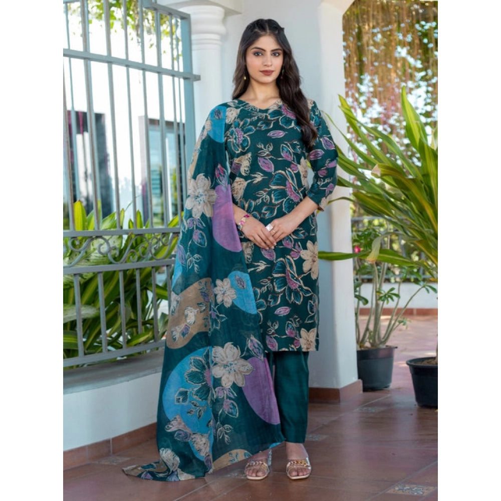 Vaystra Cotton Blend Printed Kurti With Pant Dupatta Set – Rama
