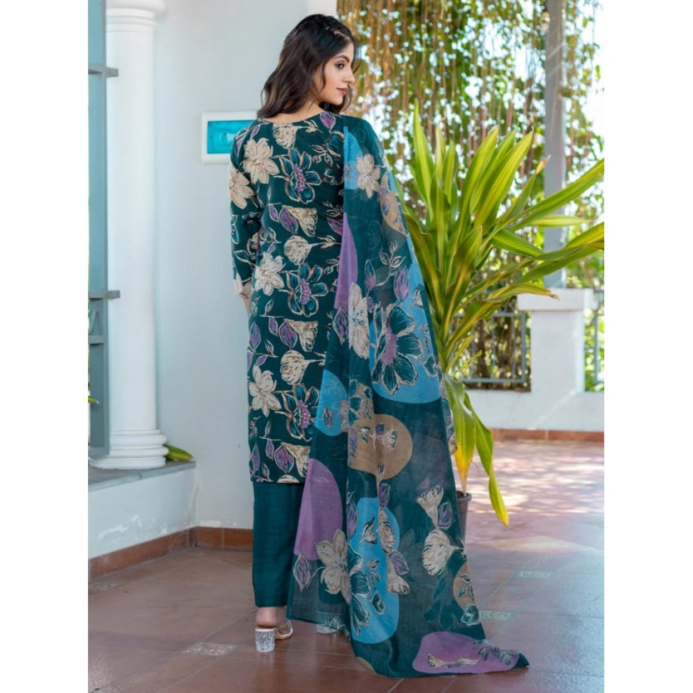 Vaystra Cotton Blend Printed Kurti With Pant Dupatta Set – Rama