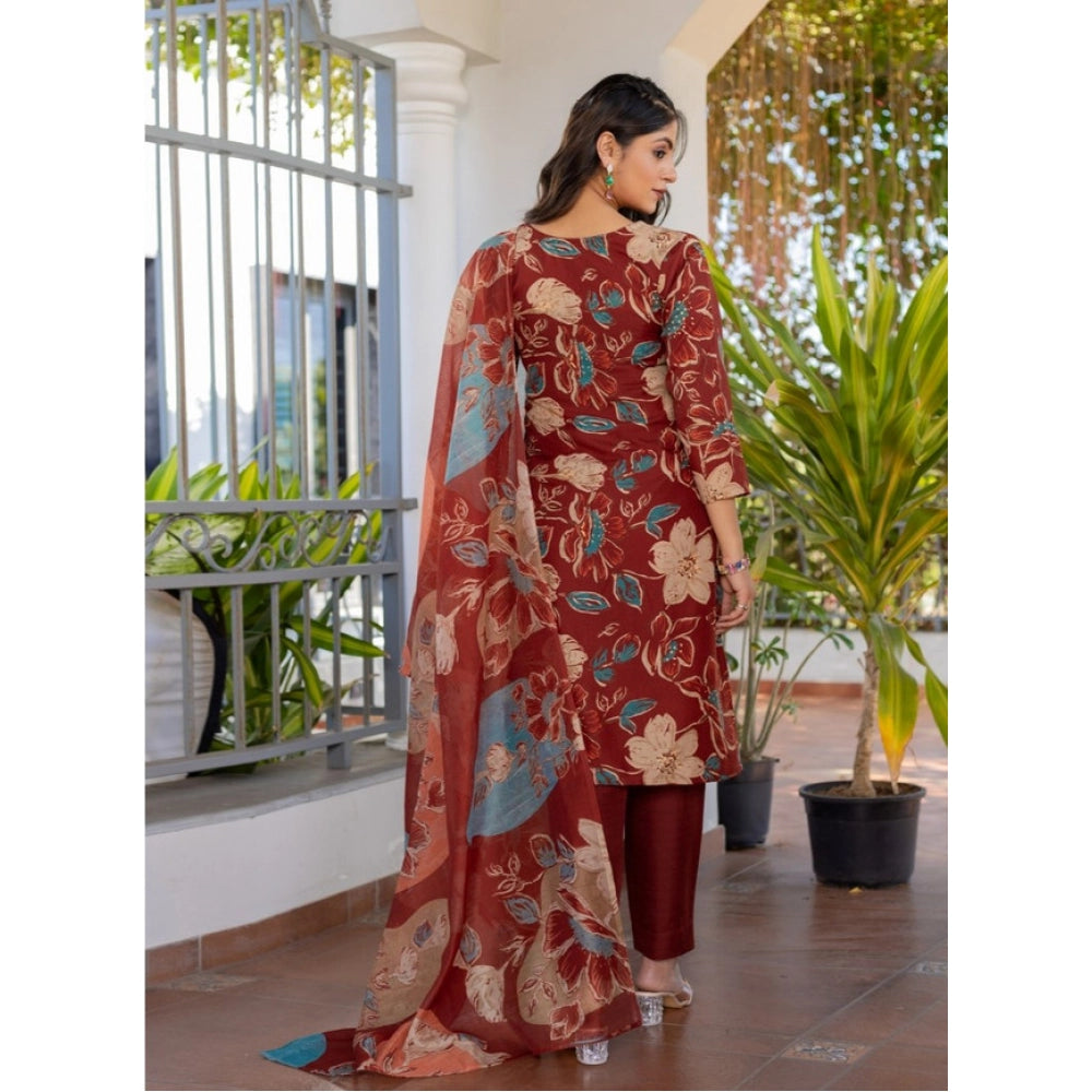 Vaystra Cotton Blend Printed Kurti With Pant Dupatta Set – Rust