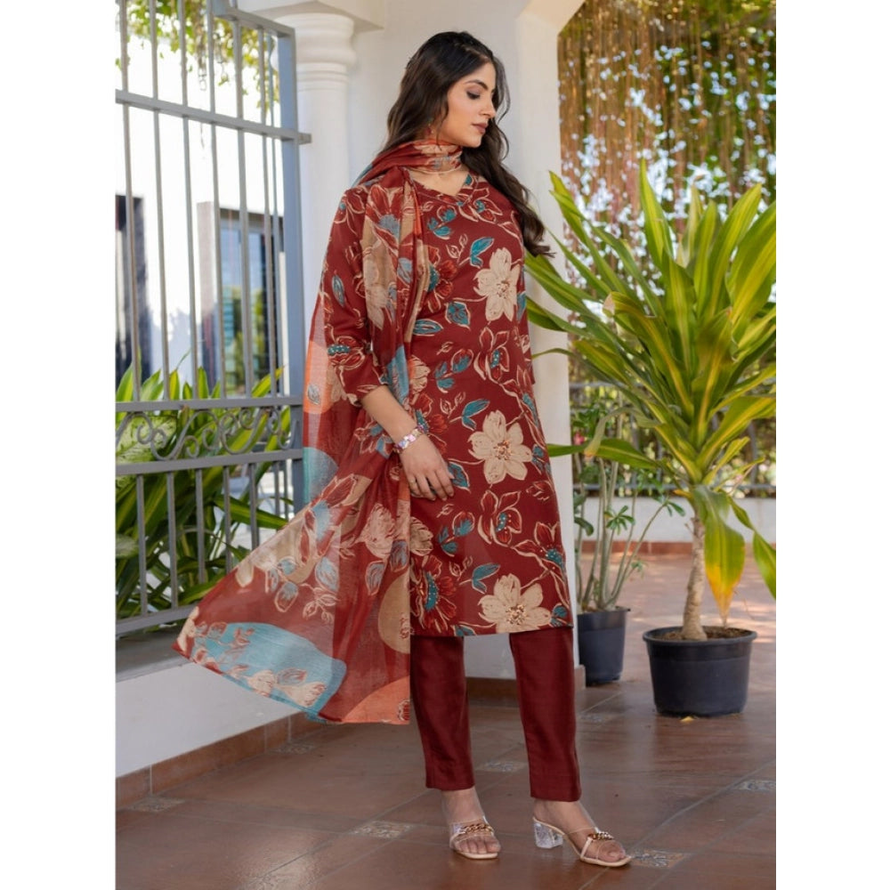 Vaystra Cotton Blend Printed Kurti With Pant Dupatta Set – Rust