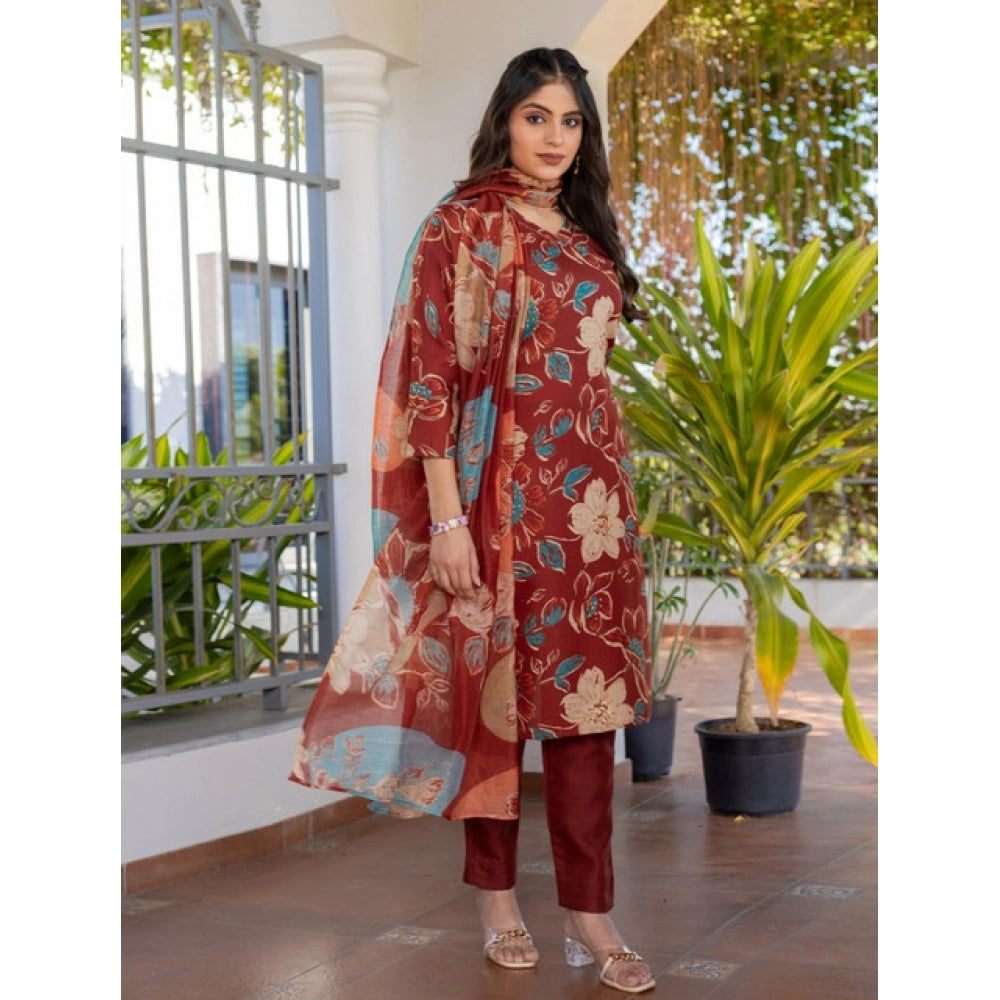 Vaystra Cotton Blend Printed Kurti With Pant Dupatta Set – Rust