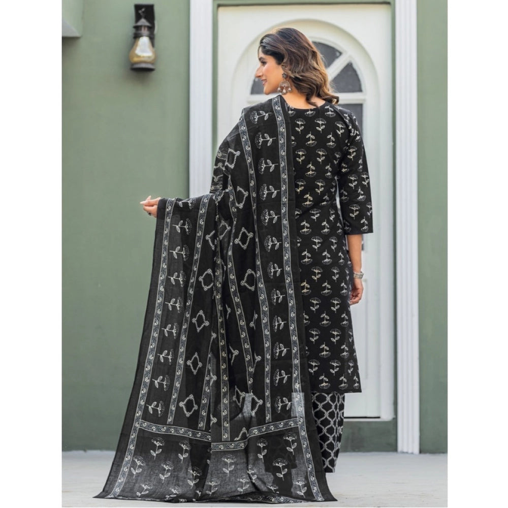 Vaystra Cotton Blend Printed Kurti With Pant Dupatta Set – Black