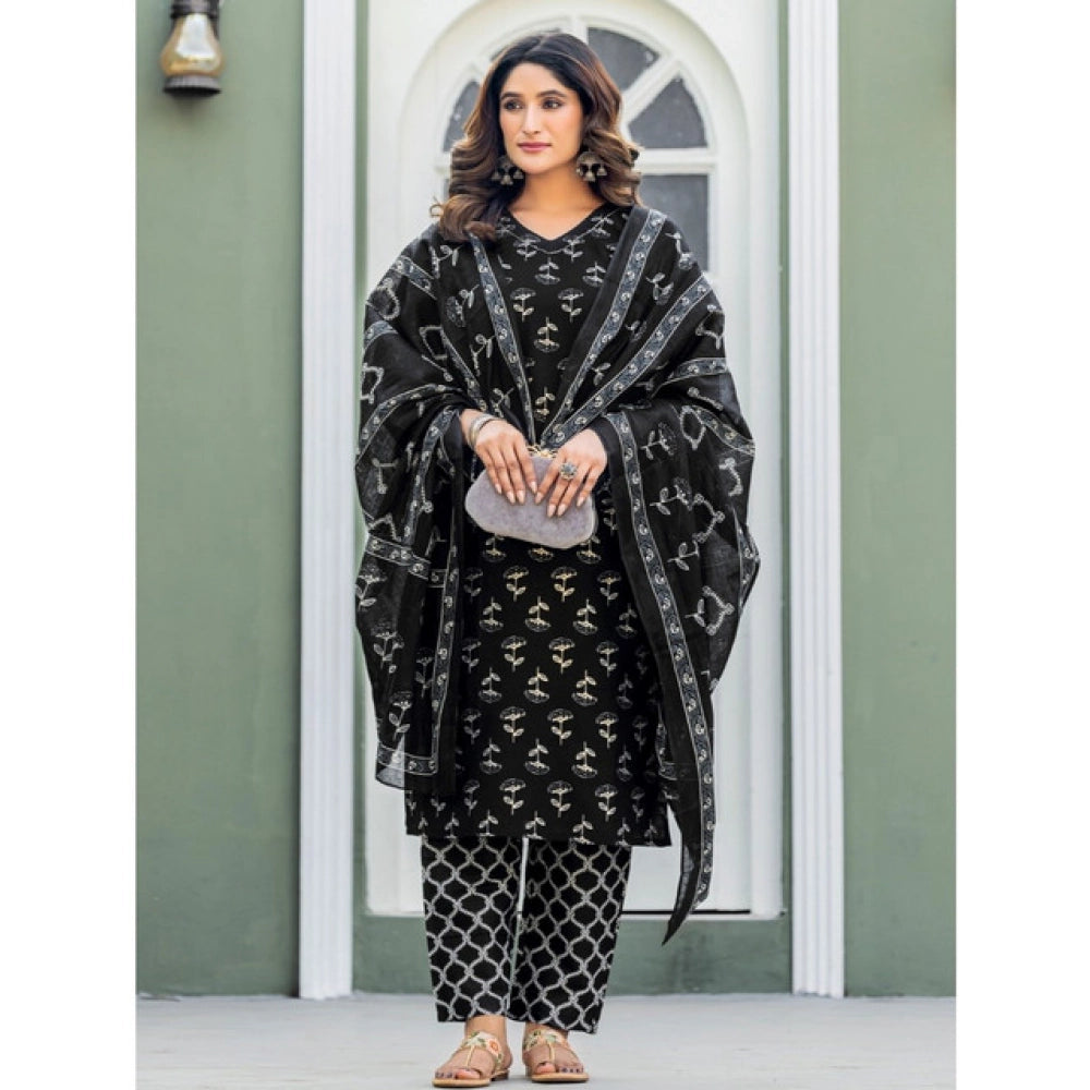 Vaystra Cotton Blend Printed Kurti With Pant Dupatta Set – Black