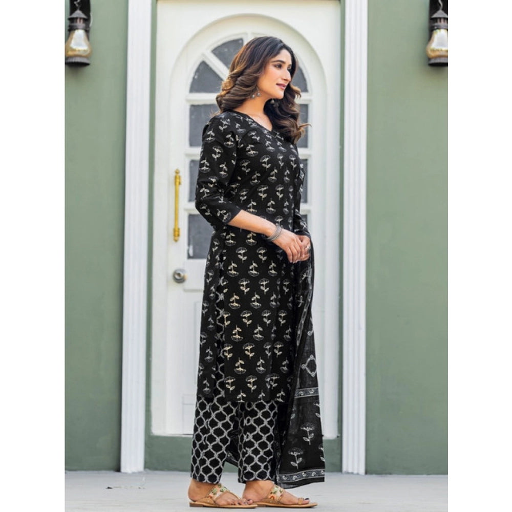 Vaystra Cotton Blend Printed Kurti With Pant Dupatta Set – Black