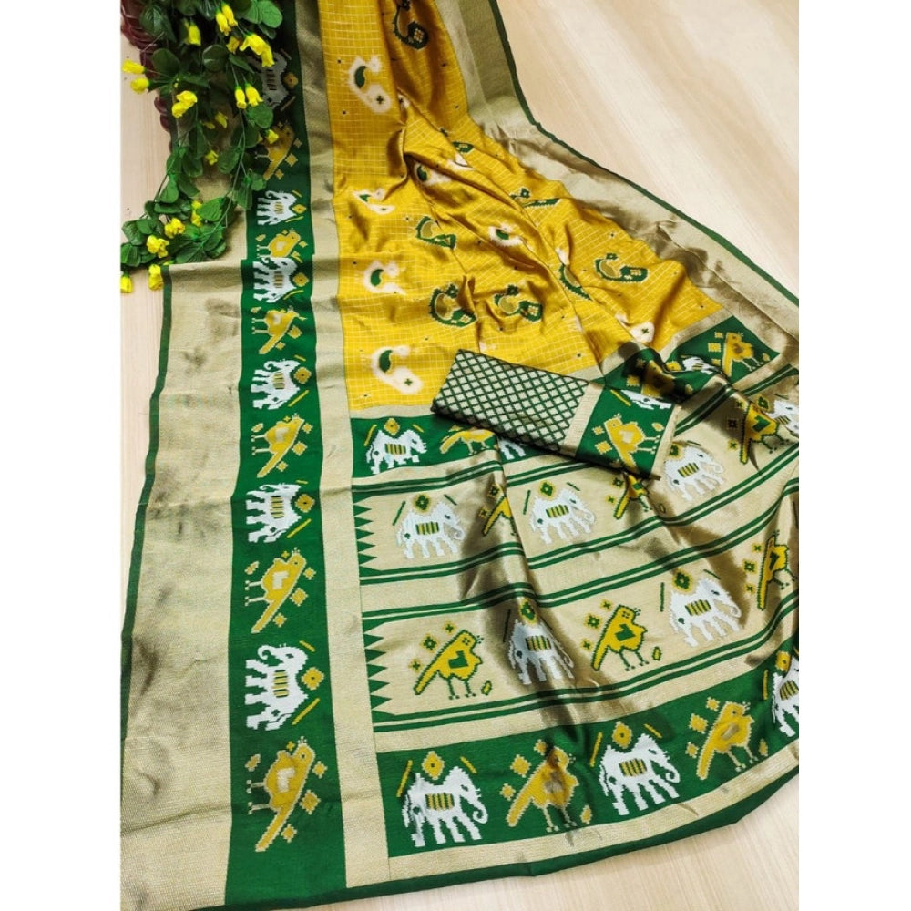 Vaystra Soft Litchi Silk Jacquard Work Saree With Unstitched Blouse 5.5Mtr – Yellow-Green