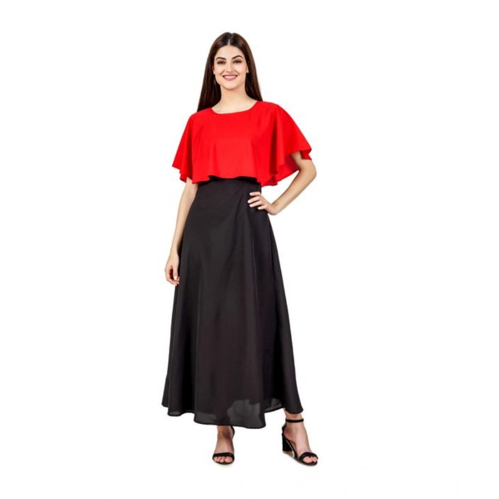 Vaystra Casual Crepe Sleeveless Cape Dress – Red
