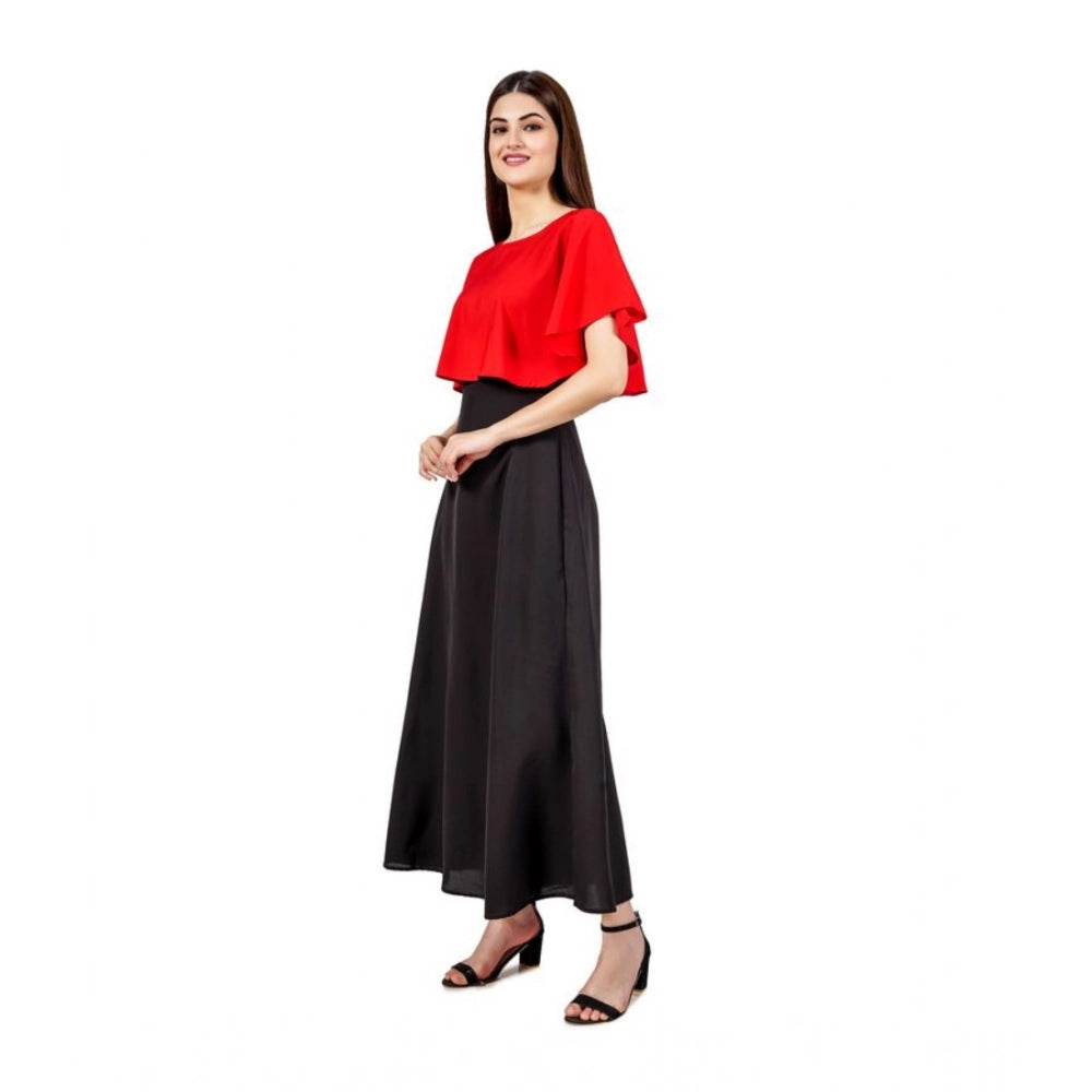 Vaystra Casual Crepe Sleeveless Cape Dress – Red