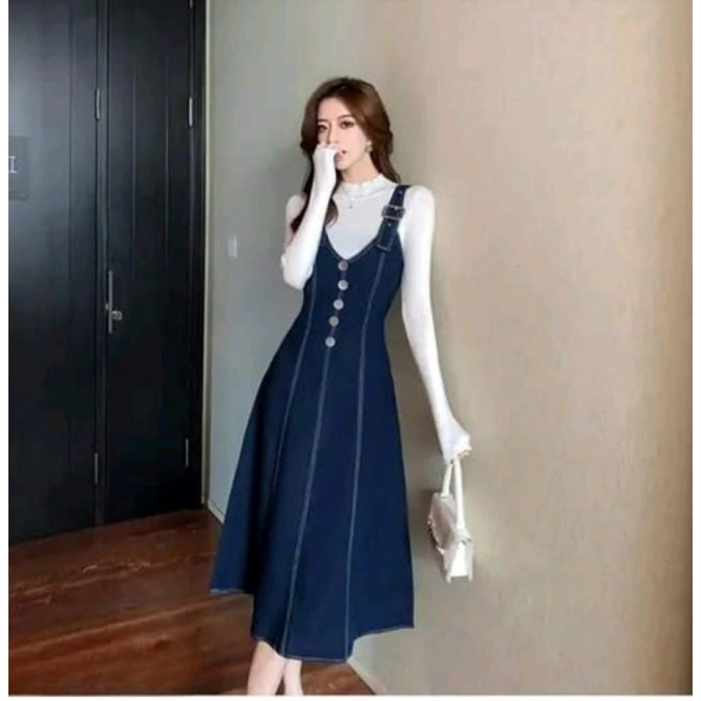 Vaystra Casual Denim Sleeveless Dress – Blue