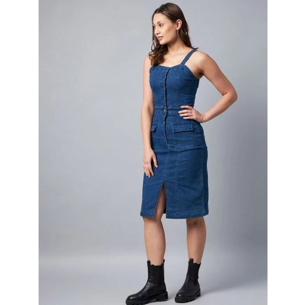 Vaystra Casual Denim Sleeveless Dress – Blue
