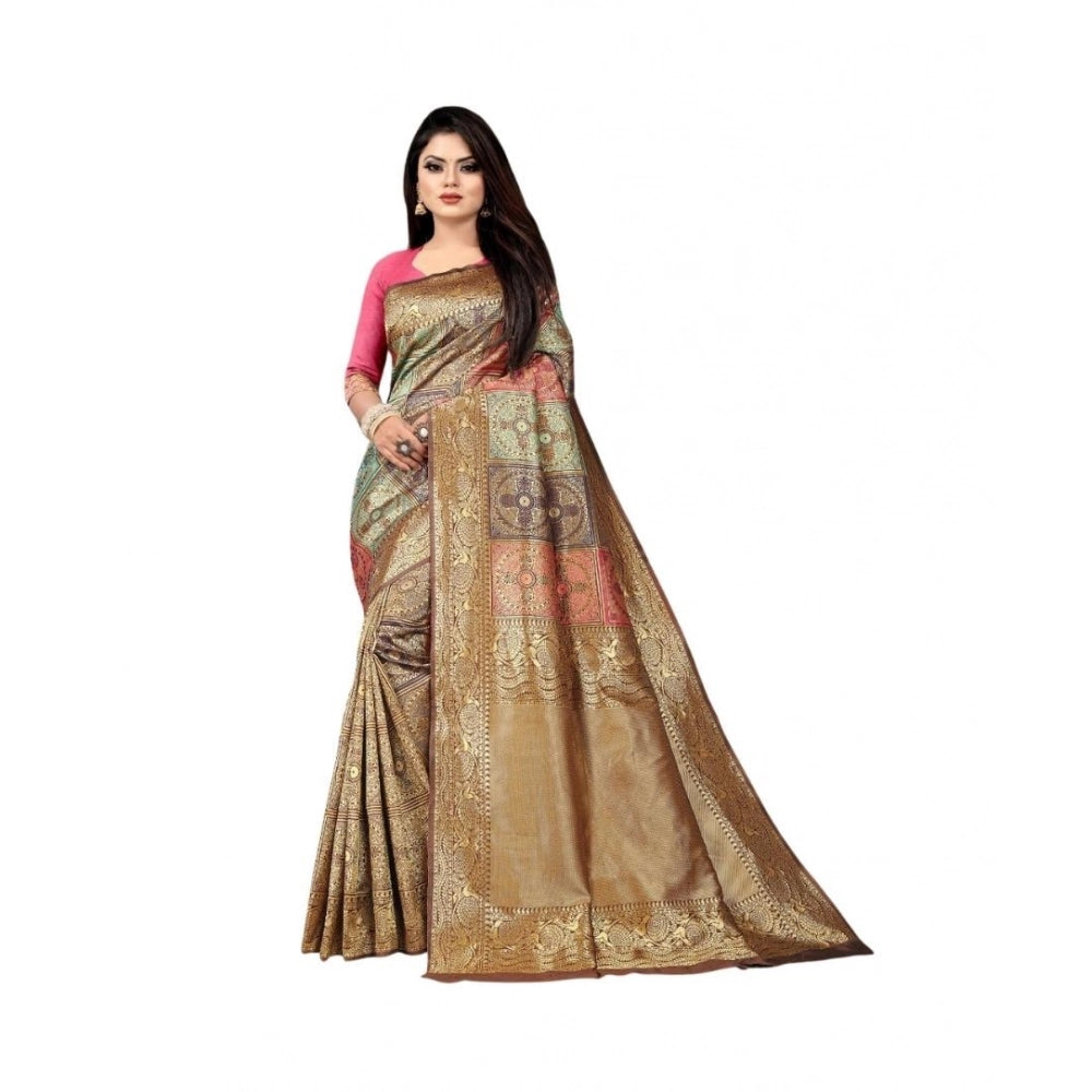 Vaystra Soft Lichi Silk Printed Saree With Unstitched Blouse 5.5Mtr – Gold