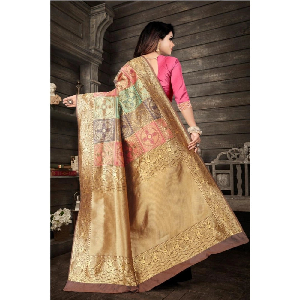 Vaystra Soft Lichi Silk Printed Saree With Unstitched Blouse 5.5Mtr – Gold