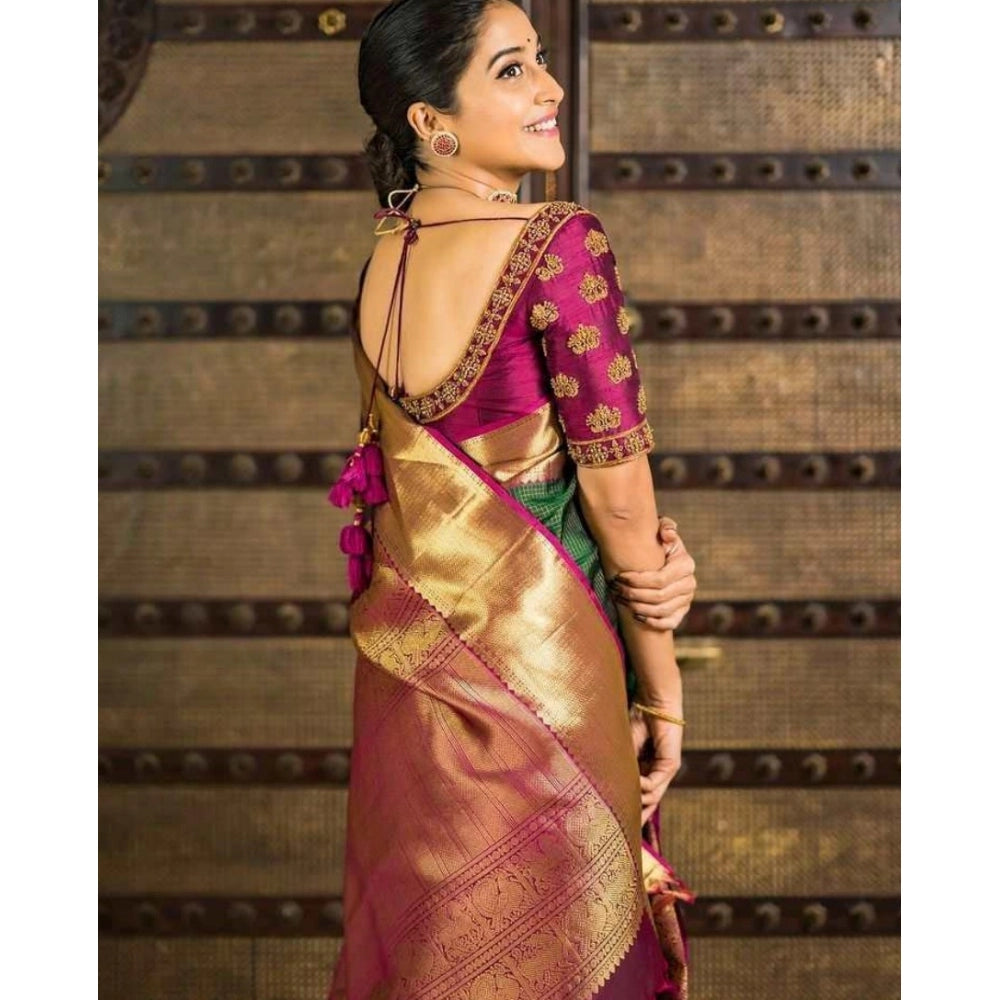 Vaystra Soft Lichi Silk Printed Saree With Unstitched Blouse 5.5Mtr – Green