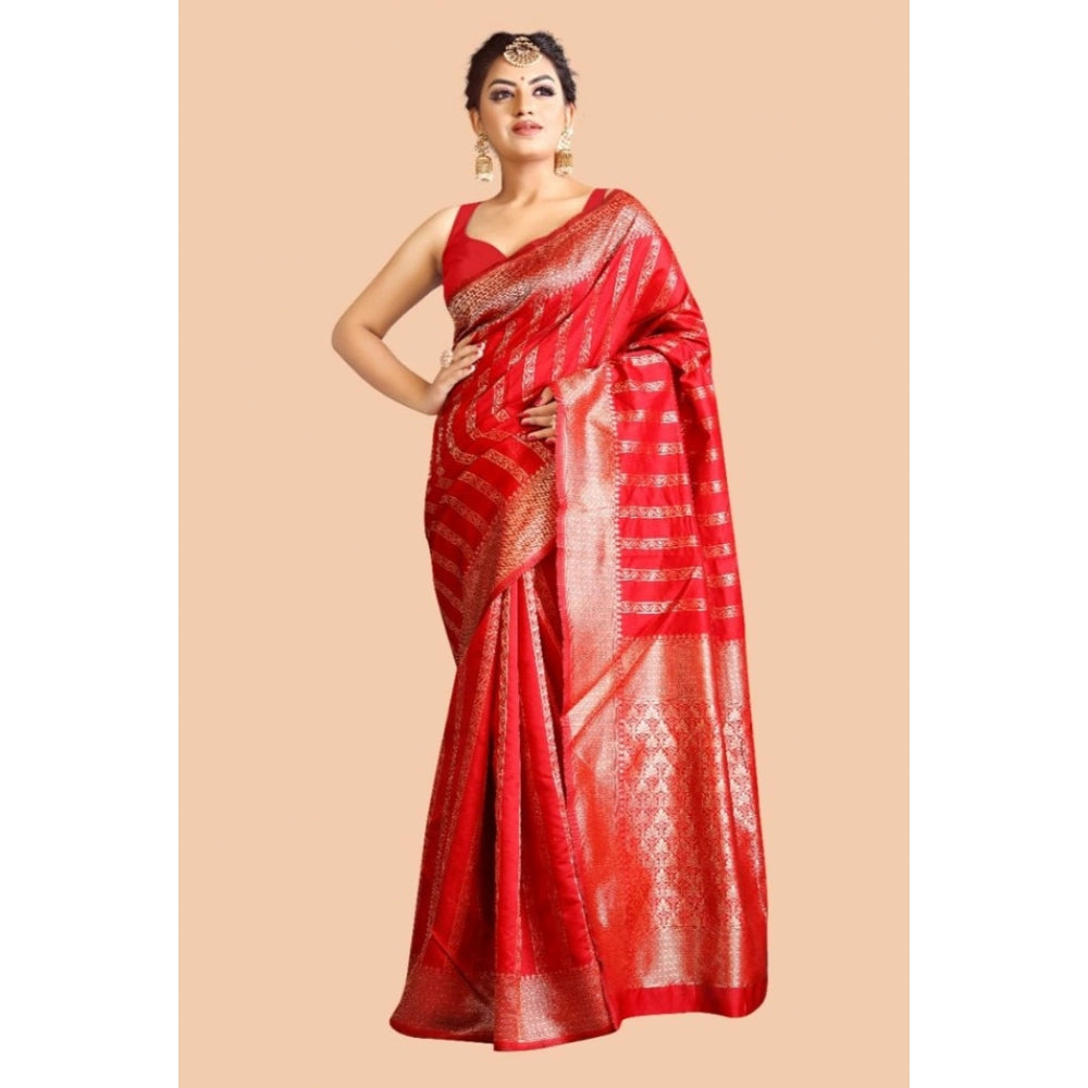 Vaystra Soft Lichi Silk Printed Saree With Unstitched Blouse 5.5Mtr – Red
