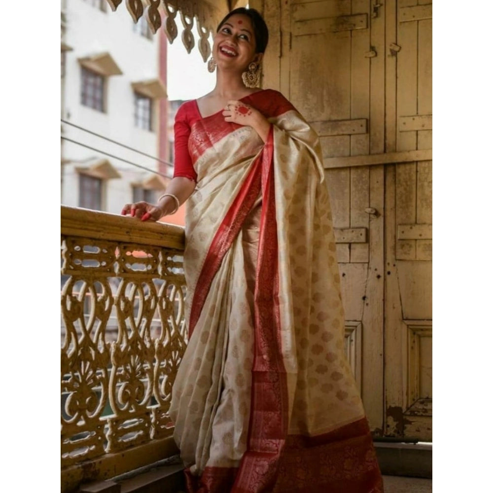 Vaystra Soft Lichi Silk Printed Saree With Unstitched Blouse 5.5Mtr – White
