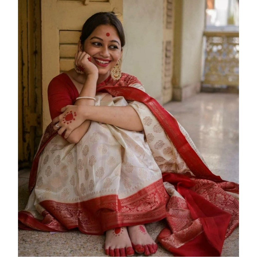 Vaystra Soft Lichi Silk Printed Saree With Unstitched Blouse 5.5Mtr – White