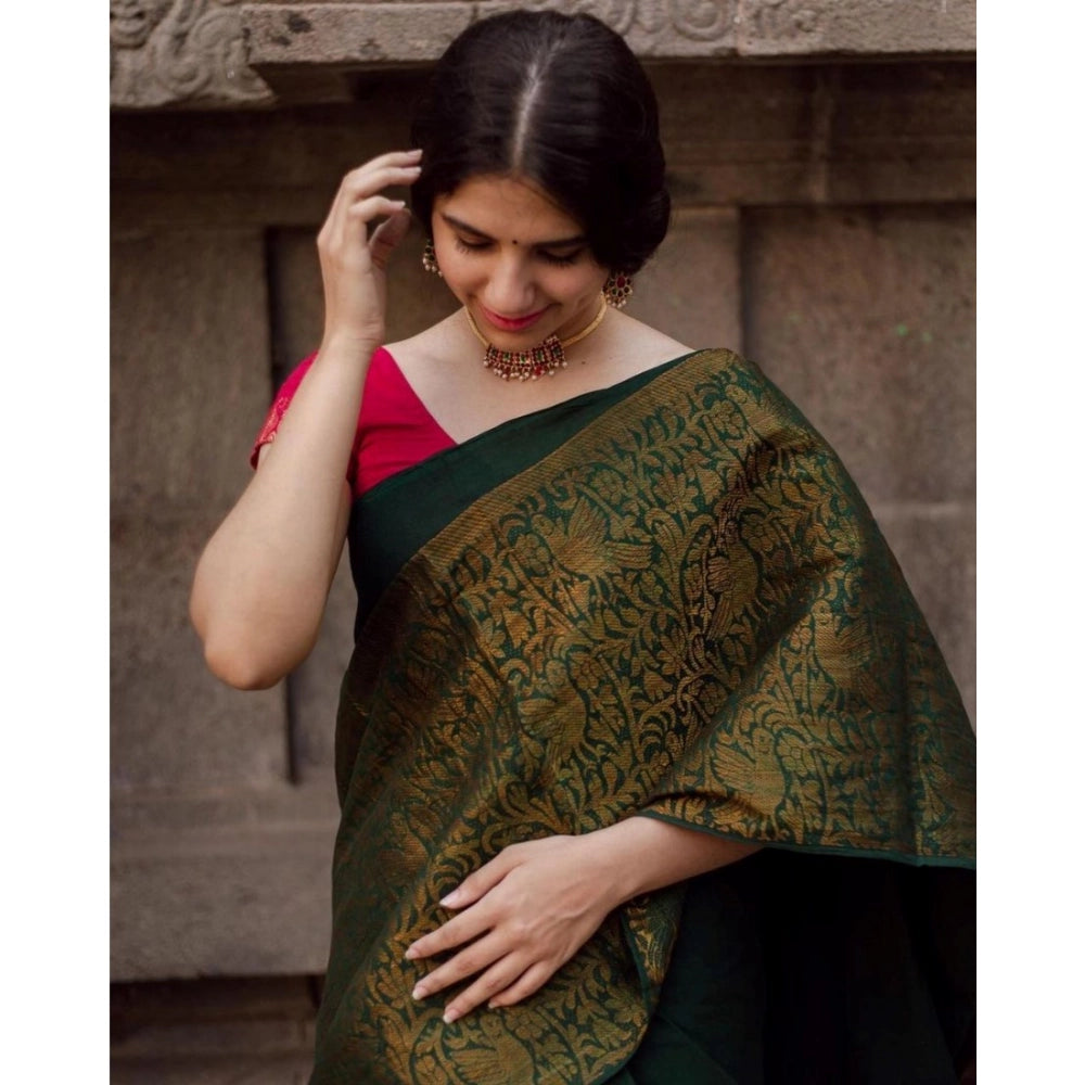 Vaystra Soft Lichi Silk Printed Saree With Unstitched Blouse 5.5Mtr – Green