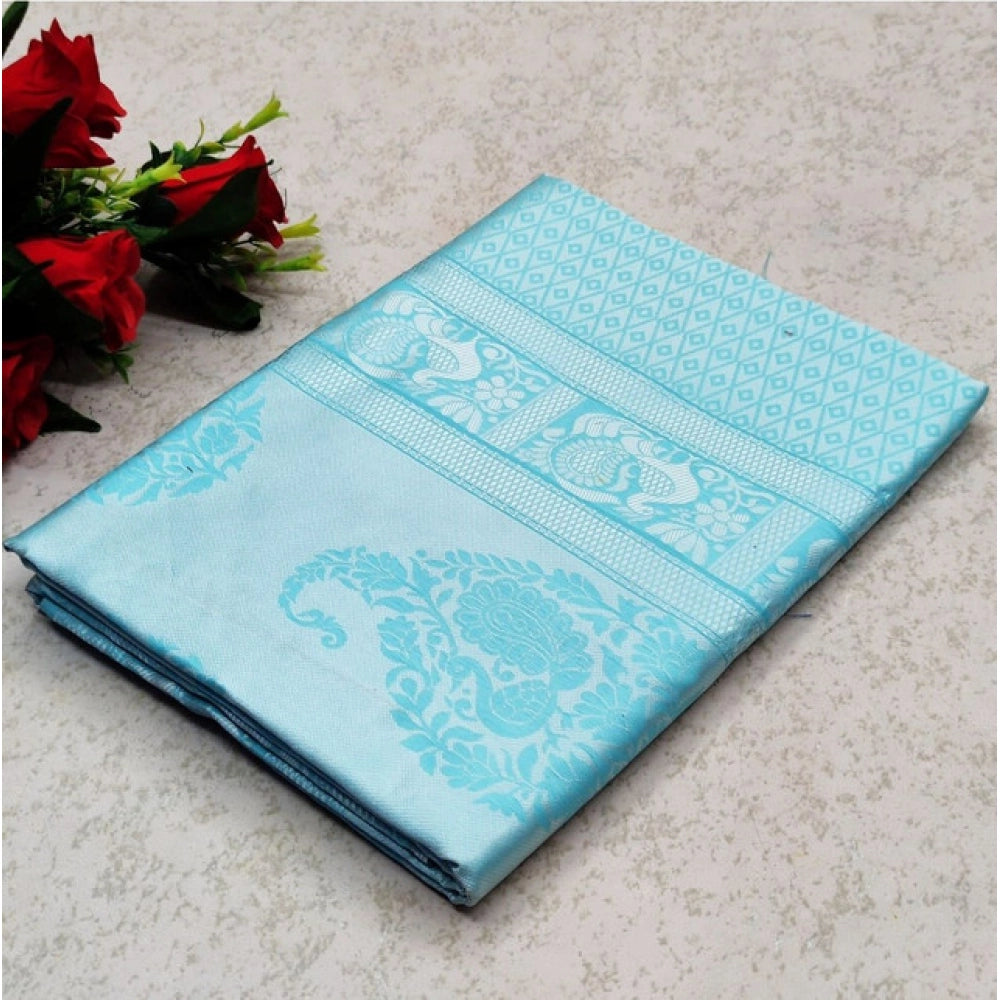 Vaystra Soft Lichi Silk Printed Saree With Unstitched Blouse 5.5Mtr – Sky Blue