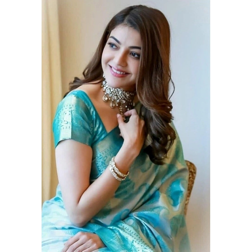 Vaystra Soft Lichi Silk Printed Saree With Unstitched Blouse 5.5Mtr – Sky Blue