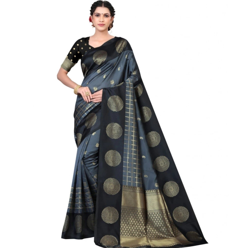 Vaystra Soft Lichi Silk Printed Saree With Unstitched Blouse 5.5Mtr – Black