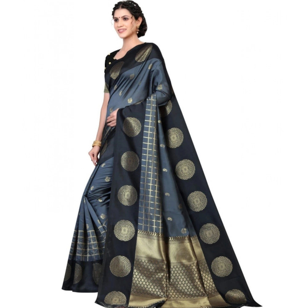 Vaystra Soft Lichi Silk Printed Saree With Unstitched Blouse 5.5Mtr – Black
