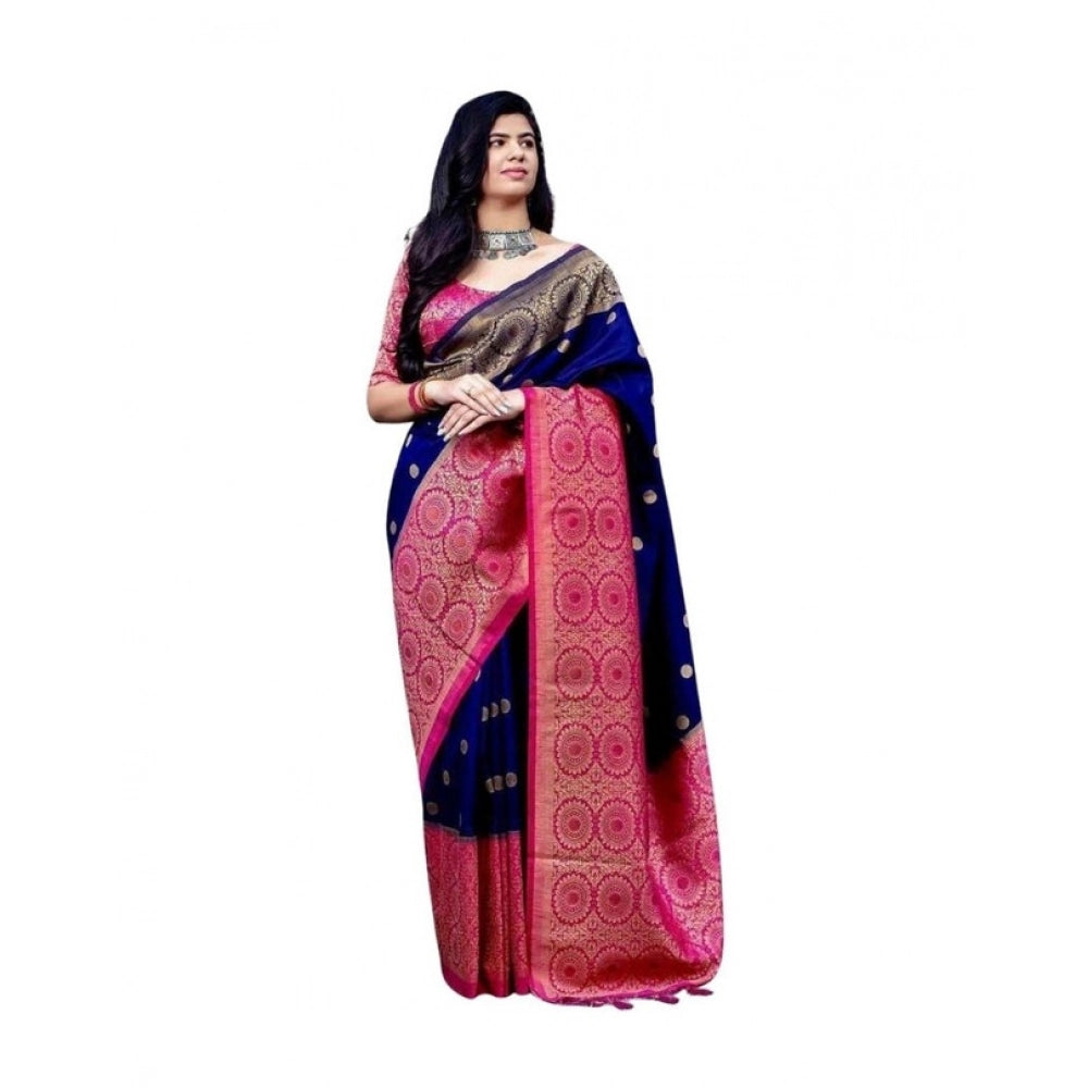 Vaystra Soft Lichi Silk Printed Saree With Unstitched Blouse 5.5Mtr – Blue
