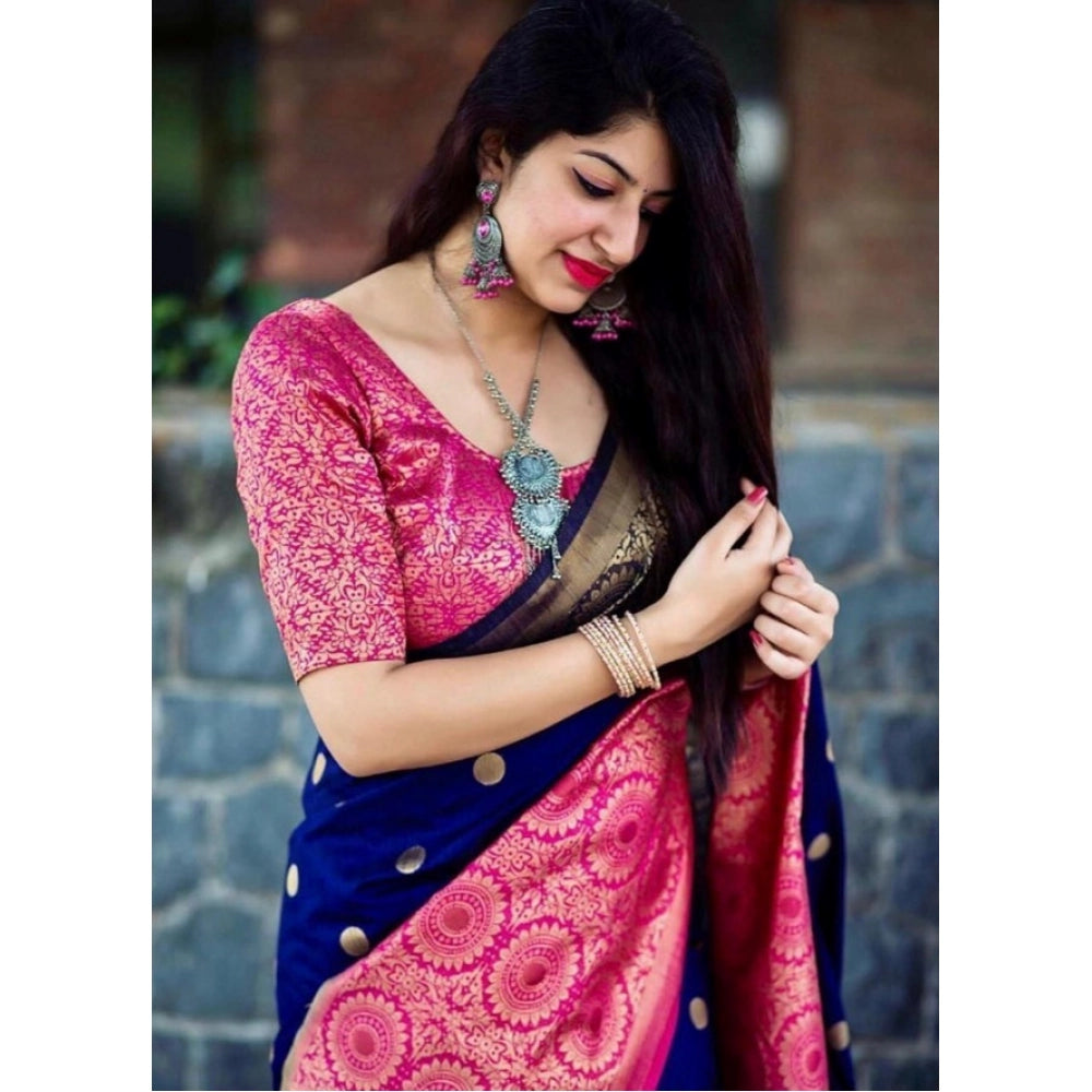 Vaystra Soft Lichi Silk Printed Saree With Unstitched Blouse 5.5Mtr – Blue