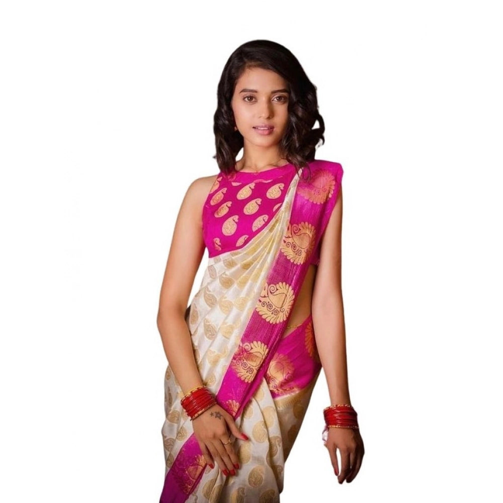 Vaystra Soft Lichi Silk Printed Saree With Unstitched Blouse 5.5Mtr – White