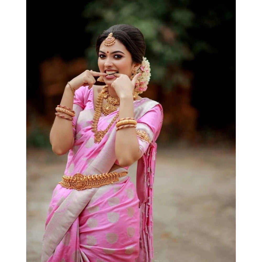 Vaystra Soft Lichi Silk Printed Saree With Unstitched Blouse 5.5Mtr – Pink