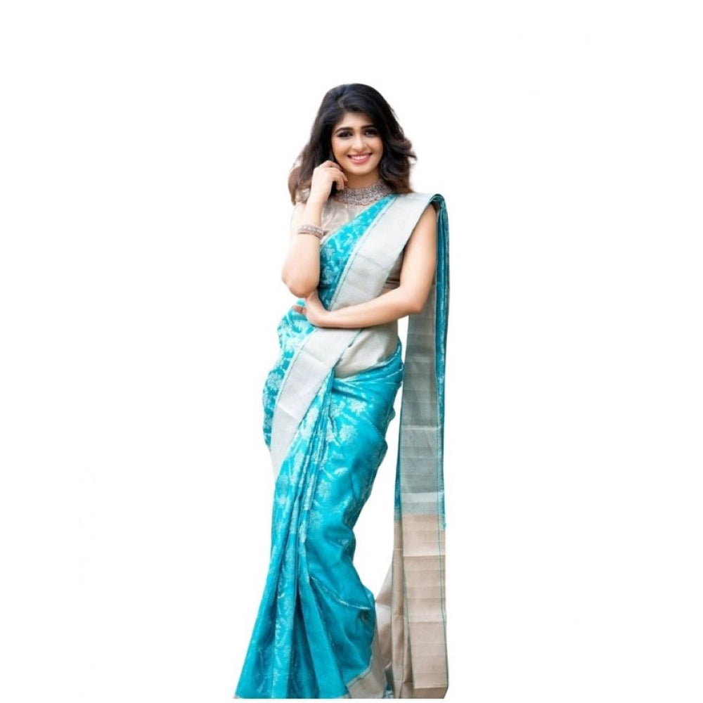 Vaystra Soft Lichi Silk Printed Saree With Unstitched Blouse 5.5Mtr – Sky Blue