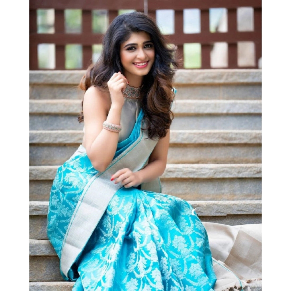 Vaystra Soft Lichi Silk Printed Saree With Unstitched Blouse 5.5Mtr – Sky Blue