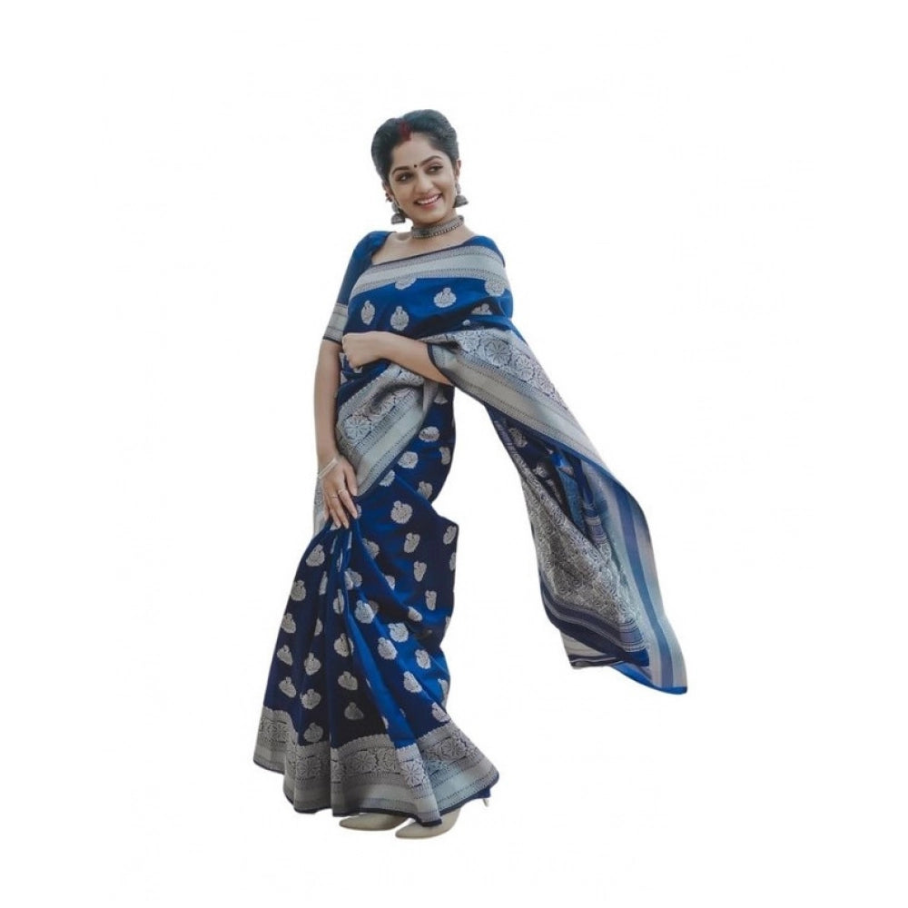 Vaystra Soft Lichi Silk Printed Saree With Unstitched Blouse 5.5Mtr – Blue