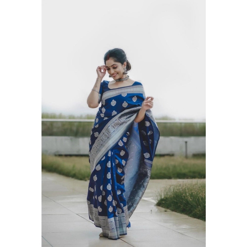 Vaystra Soft Lichi Silk Printed Saree With Unstitched Blouse 5.5Mtr – Blue