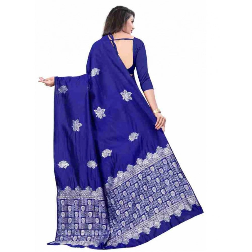 Vaystra Soft Lichi Silk Printed Saree With Unstitched Blouse 5.5Mtr – Blue