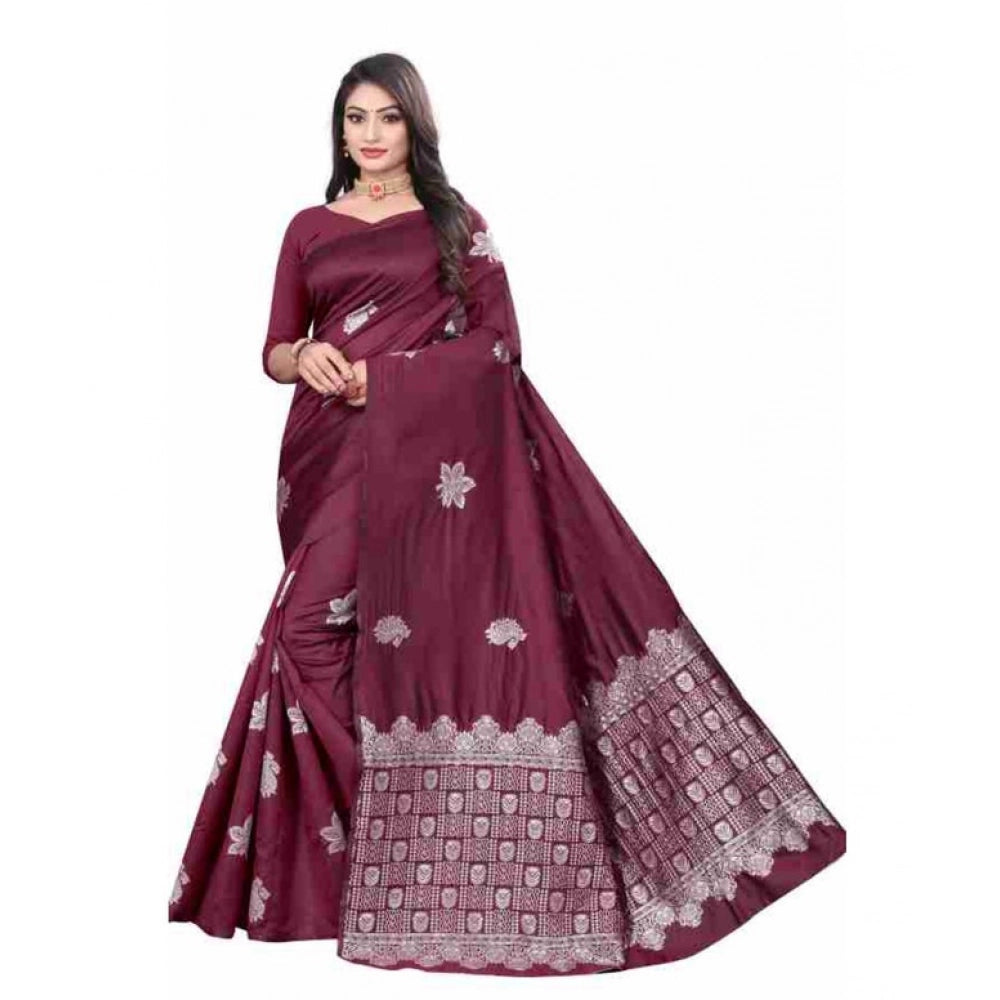 Vaystra Soft Lichi Silk Printed Saree With Unstitched Blouse 5.5Mtr – Wine