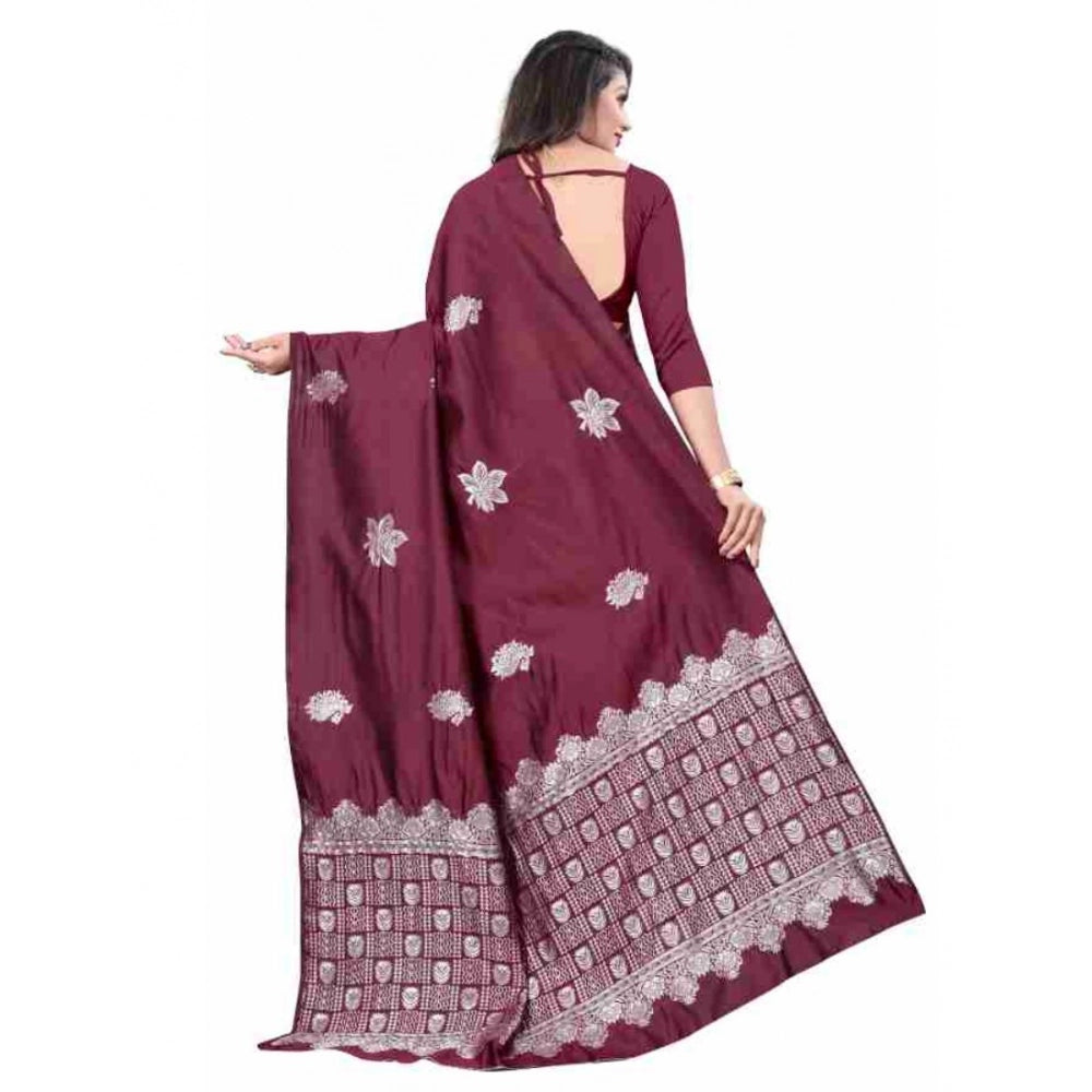 Vaystra Soft Lichi Silk Printed Saree With Unstitched Blouse 5.5Mtr – Wine