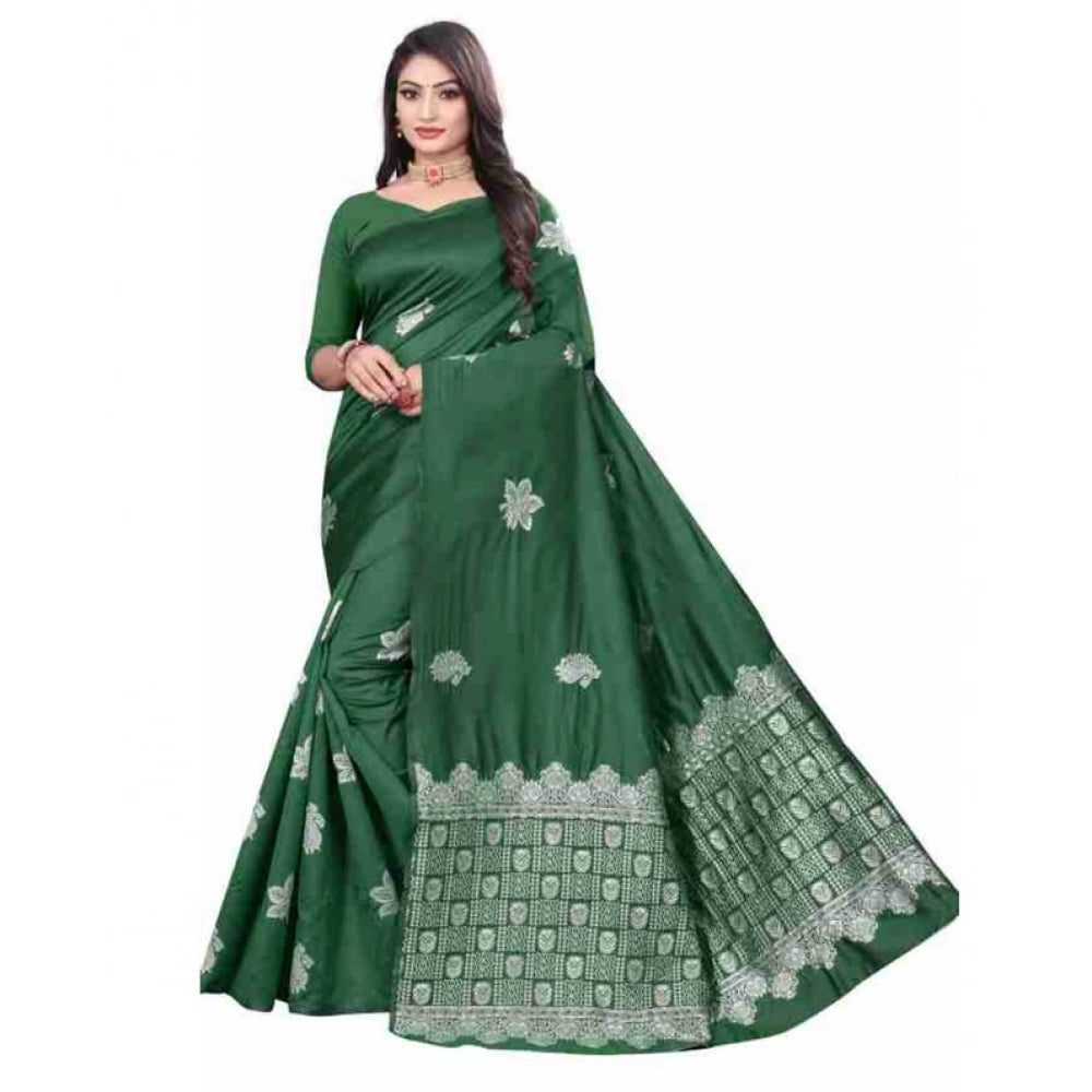 Vaystra Soft Lichi Silk Printed Saree With Unstitched Blouse 5.5Mtr – Green
