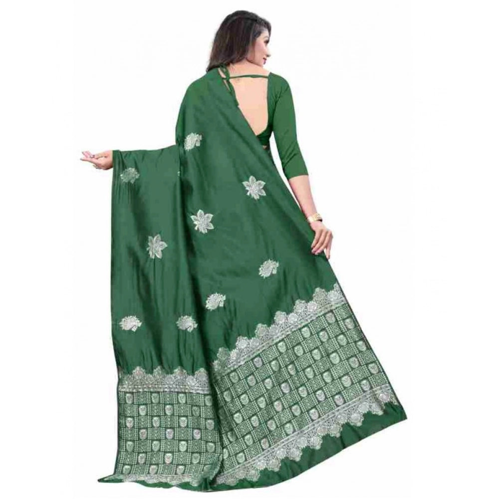 Vaystra Soft Lichi Silk Printed Saree With Unstitched Blouse 5.5Mtr – Green