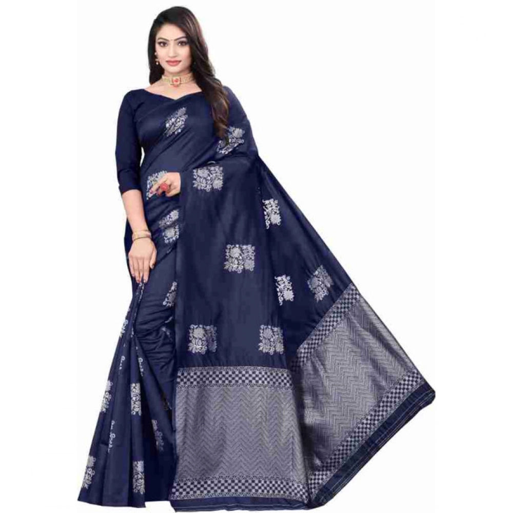 Vaystra Soft Lichi Silk Printed Saree With Unstitched Blouse 5.5Mtr – Blue
