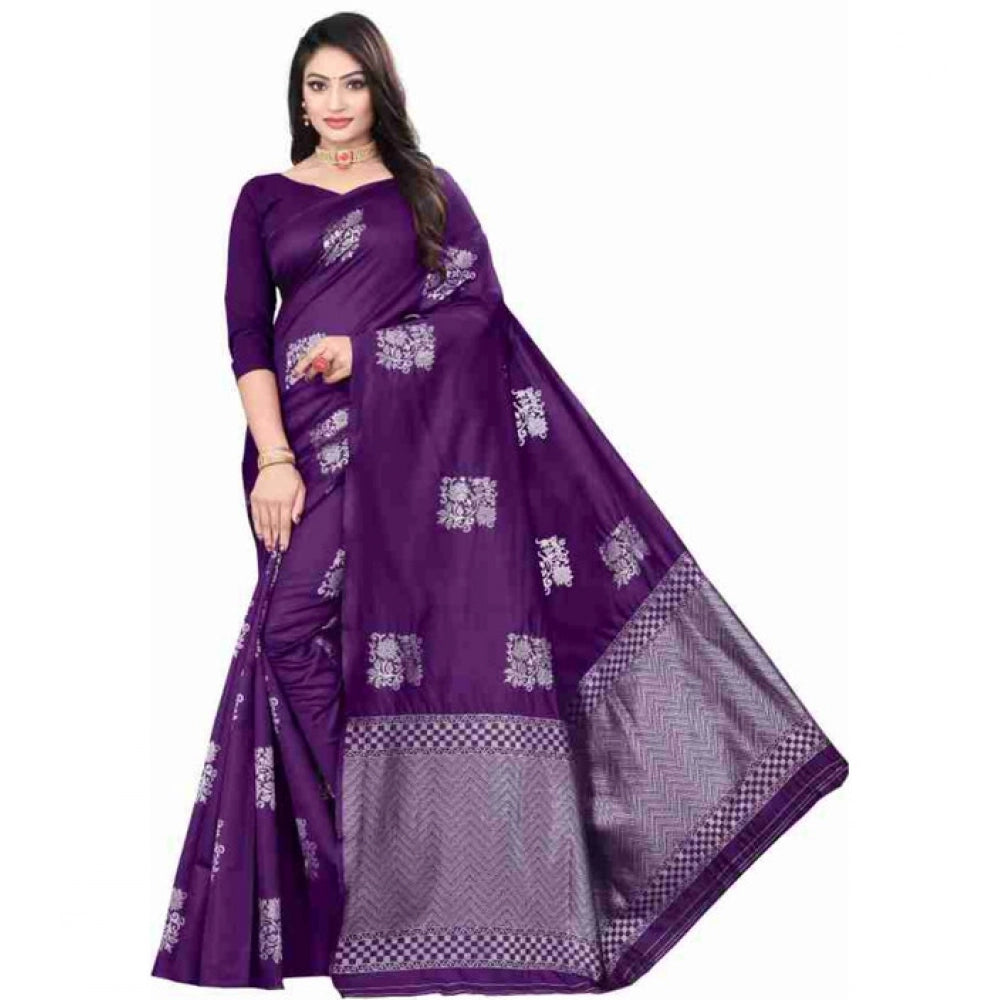 Vaystra Soft Lichi Silk Printed Saree With Unstitched Blouse 5.5Mtr – Purple