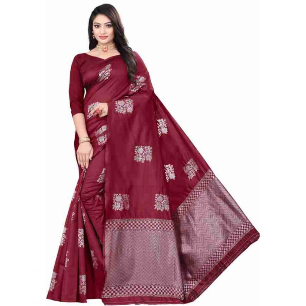 Vaystra Soft Lichi Silk Printed Saree With Unstitched Blouse 5.5Mtr – Maroon