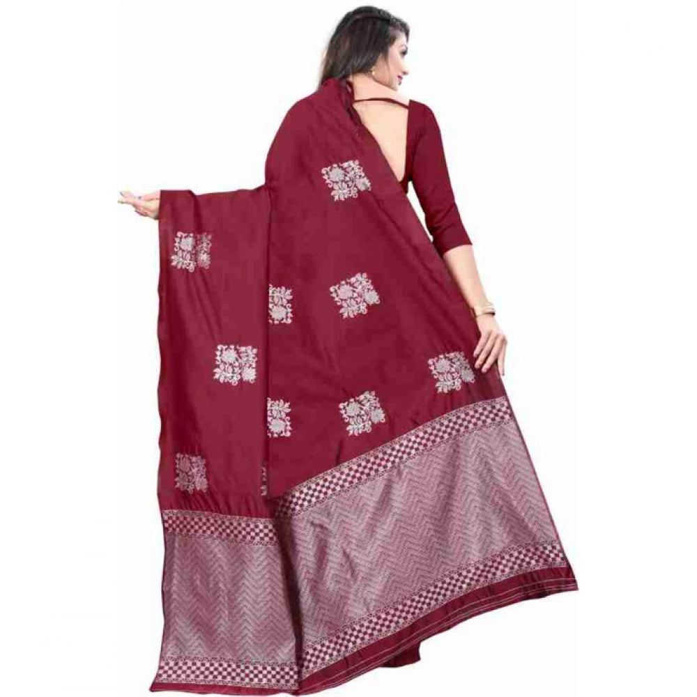 Vaystra Soft Lichi Silk Printed Saree With Unstitched Blouse 5.5Mtr – Maroon