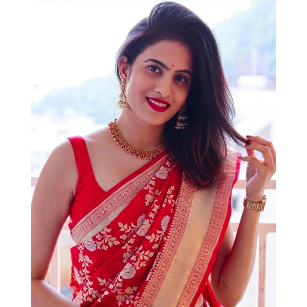 Vaystra Soft Lichi Silk Printed Saree With Unstitched Blouse 5.5Mtr – Red