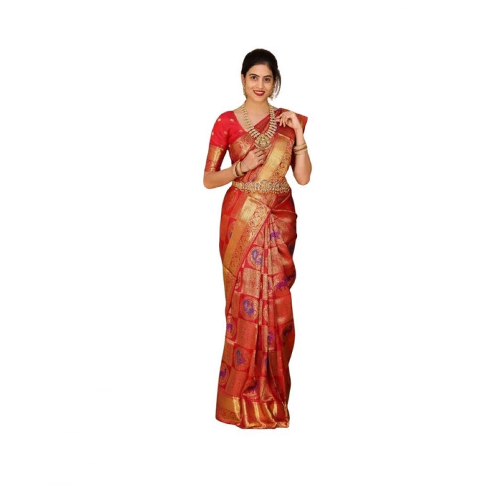 Vaystra Soft Lichi Silk Printed Saree With Unstitched Blouse 5.5Mtr – Red