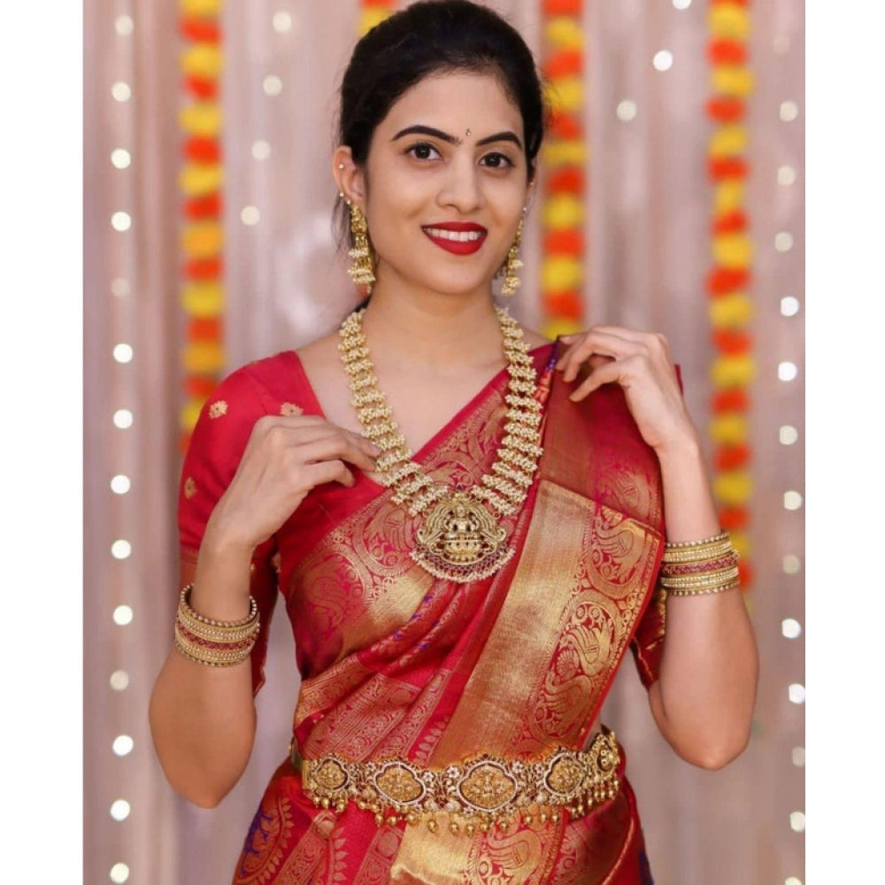 Vaystra Soft Lichi Silk Printed Saree With Unstitched Blouse 5.5Mtr – Red