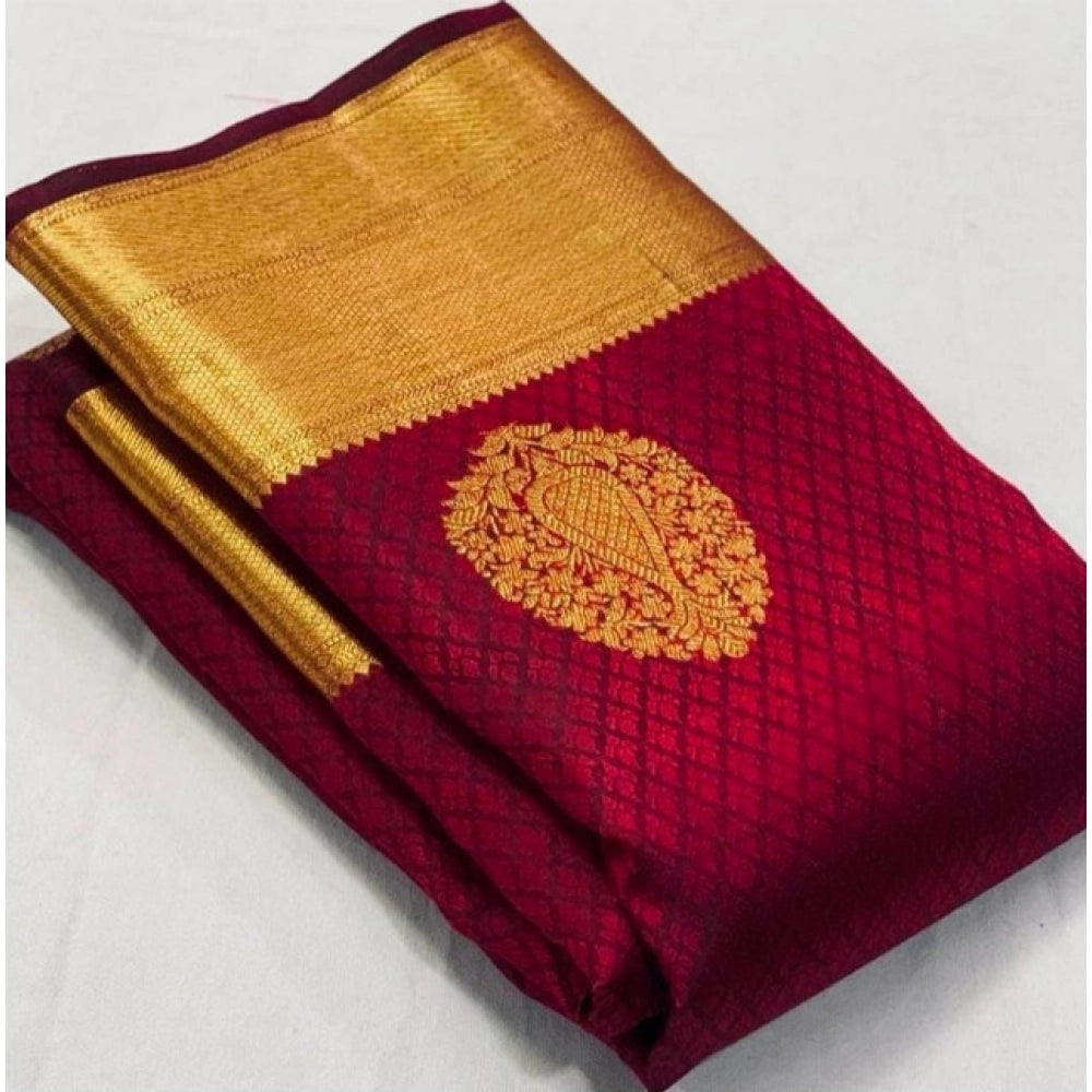 Vaystra Soft Lichi Silk Printed Saree With Unstitched Blouse 5.5Mtr – Maroon