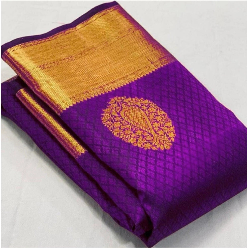 Vaystra Soft Lichi Silk Printed Saree With Unstitched Blouse 5.5Mtr – Purple