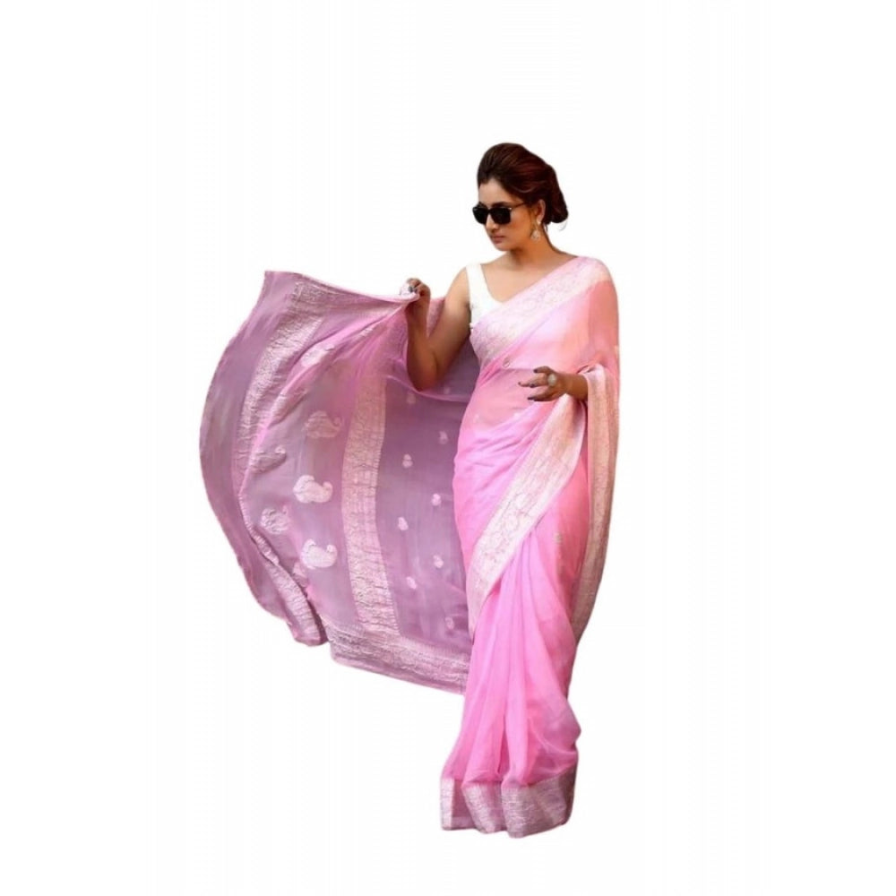 Vaystra Soft Lichi Silk Printed Saree With Unstitched Blouse 5.5Mtr – Pink